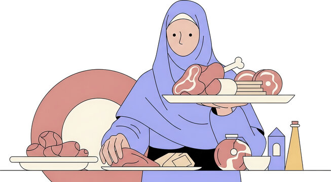 Muslim woman wearing blue hijab holding a large tray of fresh raw meat steaks and ribs for halal cooking preparation vector design