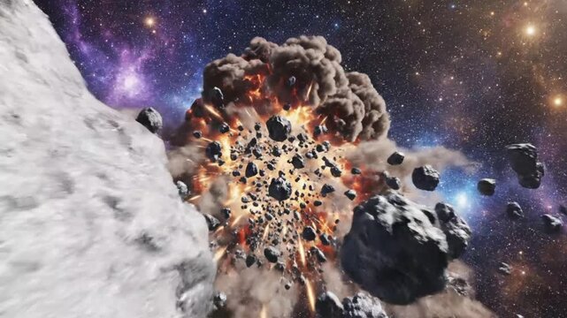 Witness the immense power of a celestial body breaking apart in a fiery cosmic explosion, with countless rocks and dust scattering into the depths of space