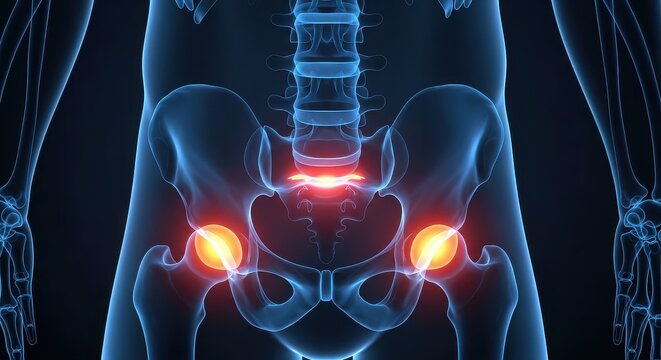 Hip Joint Pain, Arthritis, Sciatica, Pelvis, Human Anatomy, Medical Illustration