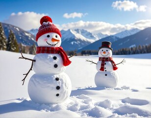 Obraz premium Two snowmen in a snowy field, one with a red hat and scarf, mountains in the background