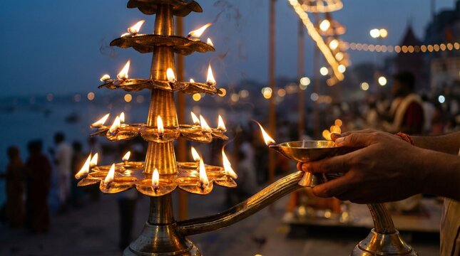 Ganga aarti ritual with diya lamp at river ghat evening spiritual hindu worship ceremony glowing lights cultural tradition scene for travel and festival use