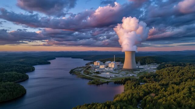 Wide aerial shot of a state-of-the-art nuclear energy complex at golden hour, steam drifting gently upward into the colorful evening sky, calm reservoir waters shimmering below, th