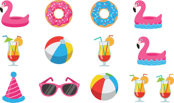 Summer vacation icons set with flamingo float, cocktails, beach ball, sunglasses, donuts, and party hat, colorful holiday vector illustration collection