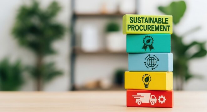 Sustainable procurement concept on colorful wooden blocks, ethical supply chain management icons, corporate social responsibility and ESG business strategy