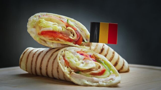 Twirling spicy wrap sliced in half with tender fried meat, crisp lettuce, tomatoes, cucumbers, onion, andalouse sauce in flatbread and Belgium flag