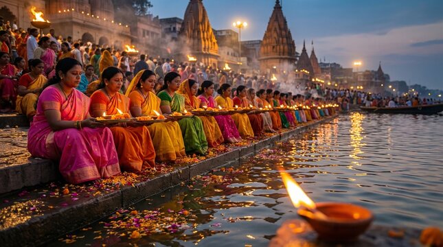 Ganga Dussehra river ghat ritual with women offering diya and flowers during evening aarti ceremony for spiritual hindu festival culture and devotion themed use