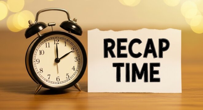 Recap time text on white paper note, vintage black alarm clock on wooden desk, business summary concept with warm bokeh background