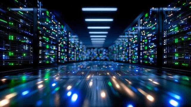Wide cinematic close-up of endless rows of servers in a high-tech data center, glowing blue and green LED status lights flickering rhythmically across sleek black racks, polished r