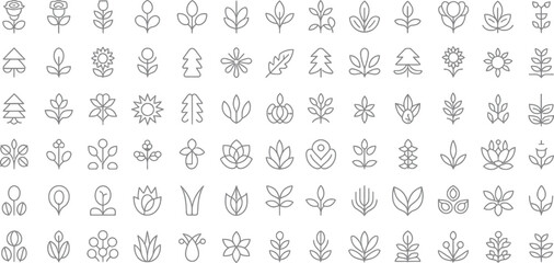 Obraz premium Botanical icons, plant symbols, floral illustrations, 40 line art designs
