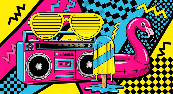 Retro 1980s Style Flat Vector Summer Icons Illustration