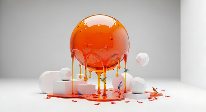 Conceptual Abstract Melting Sun Sphere with Tropical Bird Drips