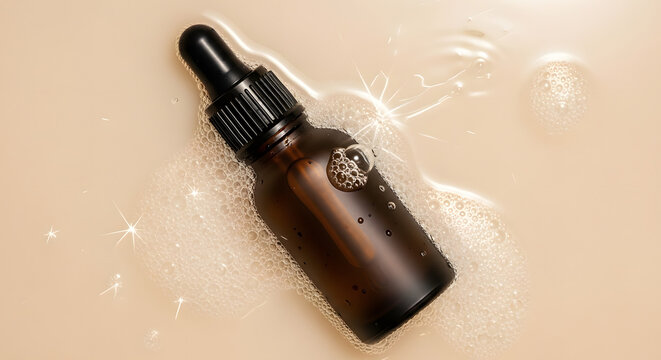 Cosmetic serum bottle floating with bubbles transparent background overhead view