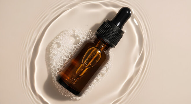 Cosmetic serum bottle in water overhead view beauty product presentation