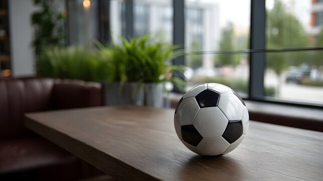 A black and white soccer ball rests on a wooden table in a contemporary indoor setting with a blurred urban background