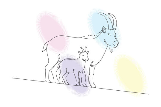 Gentle Connection: A Hand-Drawn Continuous Line Illustration of a Mother Goat and Her Calf, Expressing Love and Nurturing in a Minimalist Style