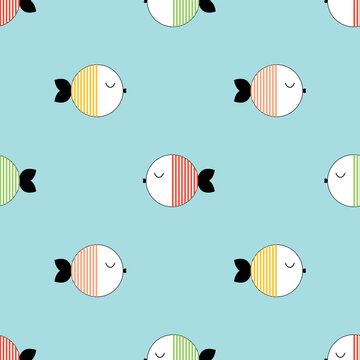 Cute round fish with vertical colorful stripes seamless pattern on light blue