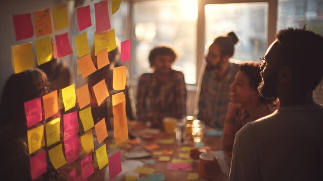 Diverse group of professionals collaborate around a sunlit display of colorful adhesive notes during a brainstorming session