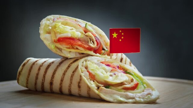 Spinning fragrant roll cut open showing roasted duck, crunchy cucumber, spring onion, tasty sauce inside thin bing with China flag, jianbing