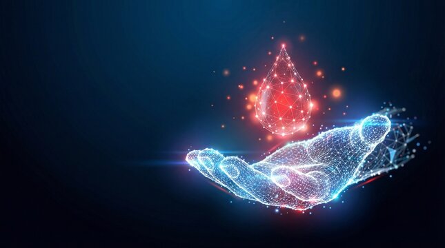 Blood donation concept digital hand holding glowing blood drop futuristic healthcare technology background for medical awareness campaign and life saving support