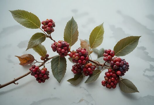 Cluster of ripening berries on a green leafy branch against a neutral background. american bearberry