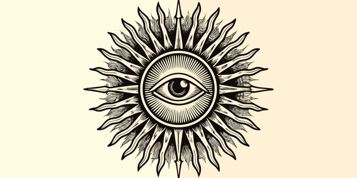 An all seeing eye within an oval frame radiating sun like spikes