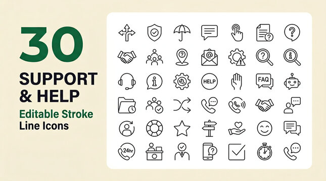 Collection of 30 Support and Customer Help Line Icons for Service Desk Assistance and Global Client Communication