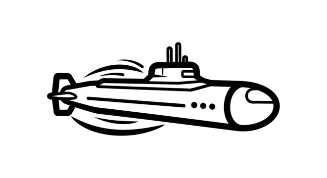 Isolated black-and-white submarine illustration with bold lines and minimalist design. Perfect for military or marine concepts.