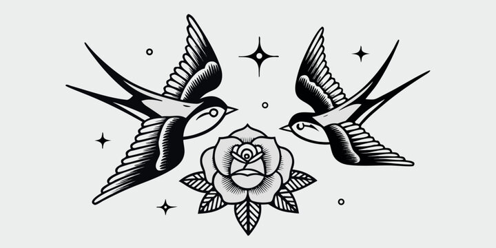 Vintage style illustration featuring swallows a rose and sparkling stars