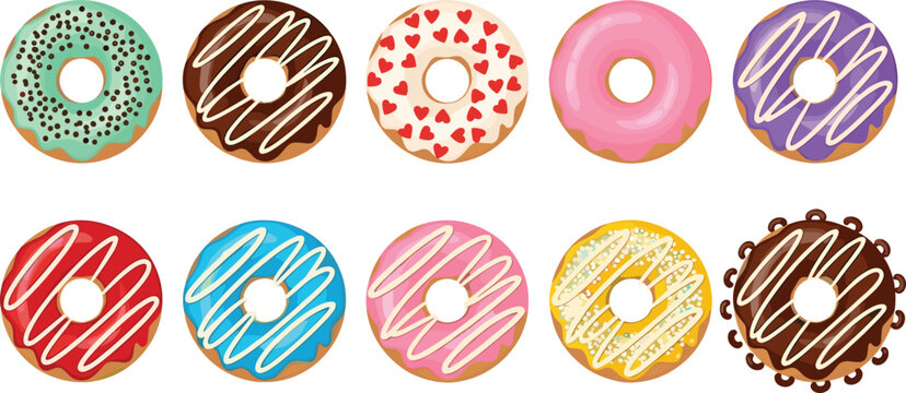 Set of Colorful Vector Glazed Donuts with Chocolate Frosting Pink Icing Sprinkles and Heart Decorations for Bakery Menus and Sweet Dessert BrandingSet of Colorful Vector Glazed Donuts with Chocolate F