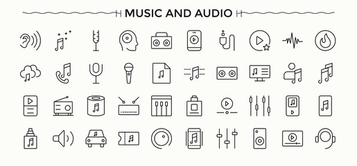 Music And Audio icon set. Modern linear icons. Contains such icons as dj, musical, sound, instrument. Editable stroke vector art. Audio linear icon collection. © Rubbble