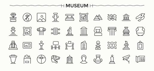 Museum icon set. Contains such symbols as artist, antique, culture, history, art, historical, ancient and more. Antique simple icon set. Isolated icons. Editable stroke collections.