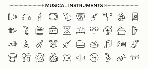Musical Instruments modern icon set. Modern thin line style icons. Vector artwork and illustration. Instrument icon pack. Included entertainment, bass, concert, sound and more.