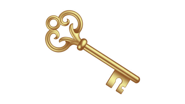 A golden antique-style key with ornate bow design. Vector