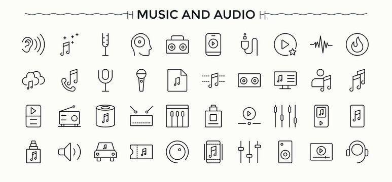 Music And Audio icon set. Modern linear icons. Contains such icons as dj, musical, sound, instrument. Editable stroke vector art. Audio linear icon collection.