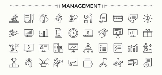 Management line icon set. Pictograms of company, manager, manage, leader, work, team, people and more. Thin line icons set. Art and illustration. Work icon set.
