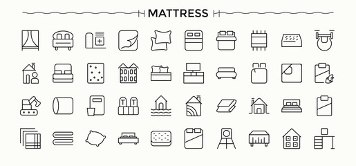 Bedding related icon set. Contain linear symbols bedchamber, bed, house, furniture, room, bed room, living. Vector collections. Bedchamber simple icon set.