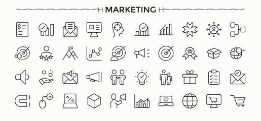 Marketing icon set. Contain linear symbols ads, campaign, advertising, business and more. Market line icon set. Icons for UI designs. Editable vector illustration.