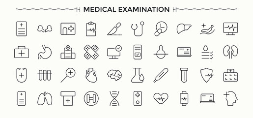 Medical and Pharmaceutical icon. Minimal thin line web icons set. Health related icon set. Pictograms of pharmaceutical, pharma, medical, treatment, pill, disease and more.