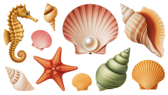 Colorful assortment of seashells and starfish displayed together Vector