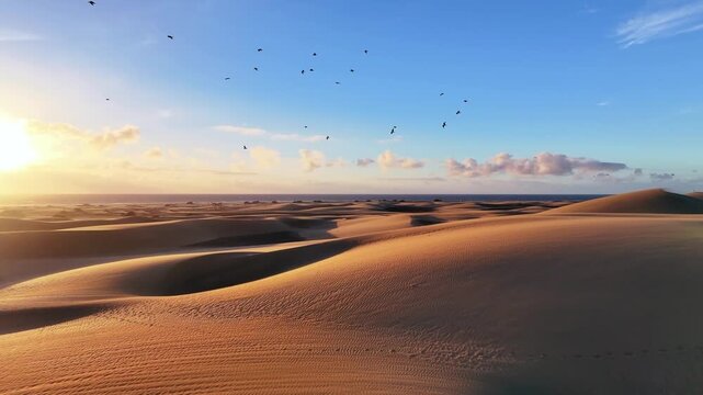 Aerial drone flight over the sand dunes of Dunas de Maspalomas at sunrise. Birds flying across the glowing sun above the golden dunes create a peaceful and cinematic natural landscape. LUT 60 fps