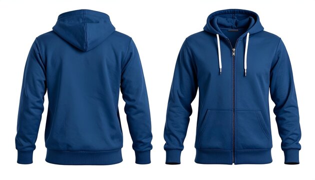 Front and Back View of a Plain Blue Zippered Hoodie with Drawstrings and Pockets, Isolated on White