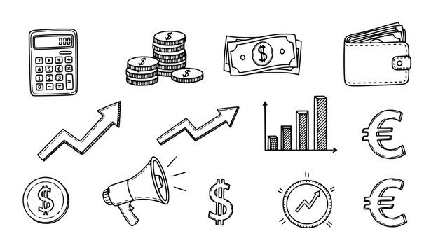 Hand drawn finance doodle icons business money sketch vector collection