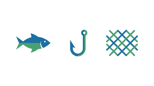 Fishing Icons: Fish, Hook, and Net on White Background