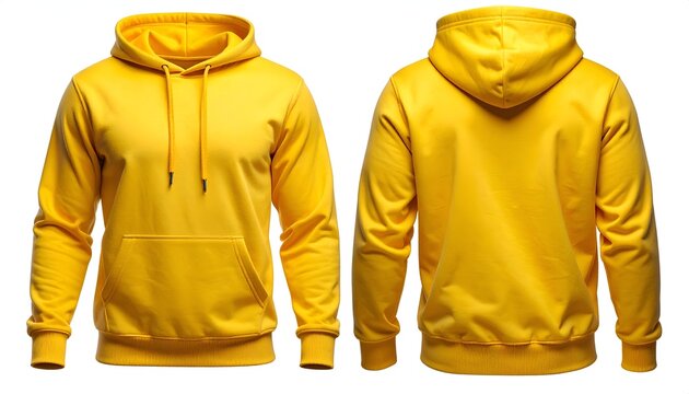 Front and back view of a plain yellow hooded sweatshirt with a front pocket and drawstrings, studio