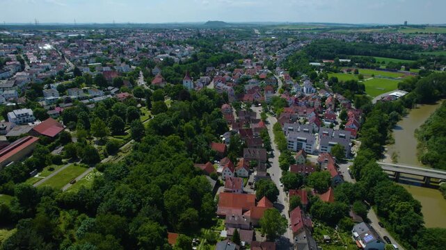 Aerial view around the city Freiberg am Neckar in Germany. On cloudy day in spring beside the river Neckar