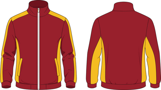 Technical Fashion Flat Sketch of Unisex Track Jacket Featuring Full Zip Front Contrast Side Panels and Stand Collar for Apparel Design Tech Pack Templates