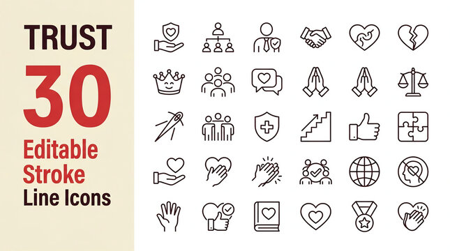  Professional Set of 30 Editable Stroke Line Icons for Trust Security and Quality Assurance for Corporate Branding and Web Design