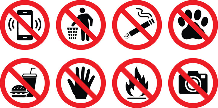 Prohibited, icon set with no phone litter smoking pets eating drinking touch fire photography, restriction symbols, safety rules, clean vector illustration.