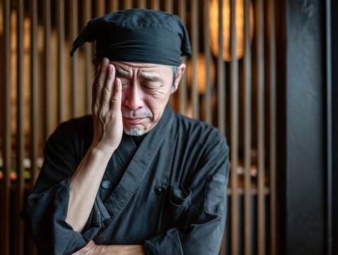 厨房で目を閉じて片手で顔を覆い深刻な表情で悩み落ち込む黒いコックコートの料理人男性