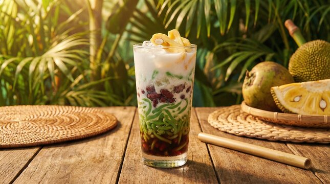 A traditional cendol drink served in a clear glass with creamy coconut milk, rich palm sugar syrup, and crushed ice for a refreshing tropical look.
